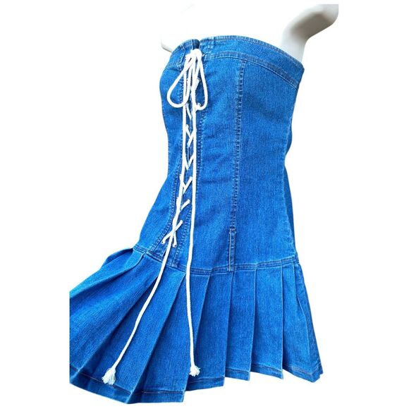 Y2K Denim Tube Dress M Pleated Skirt Lace-Up Front Drop Waist Skater 2000s USA - Picture 4 of 16